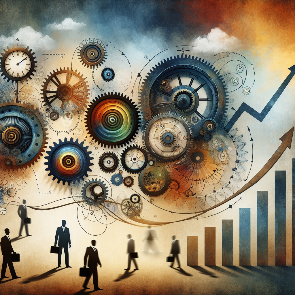 Generate an image illustrating a successful business outcome as a result of professional appointment management. The composition should include metaphorical elements like gears and clocks representing efficiency and time management, and a graph showing increased revenue, in a creative and abstract art style.