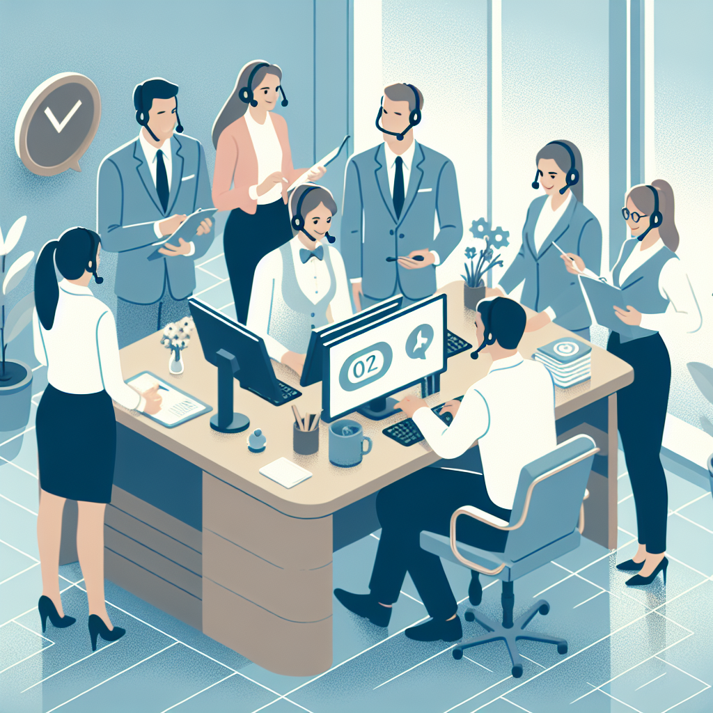 Generate an image focusing on a customer-oriented service experience provided by appointment planners. The scene should be a welcoming office environment where satisfied clients are interacting with staff, emphasizing a theme of transparency and quality service, with light, warm colors and an inviting atmosphere.