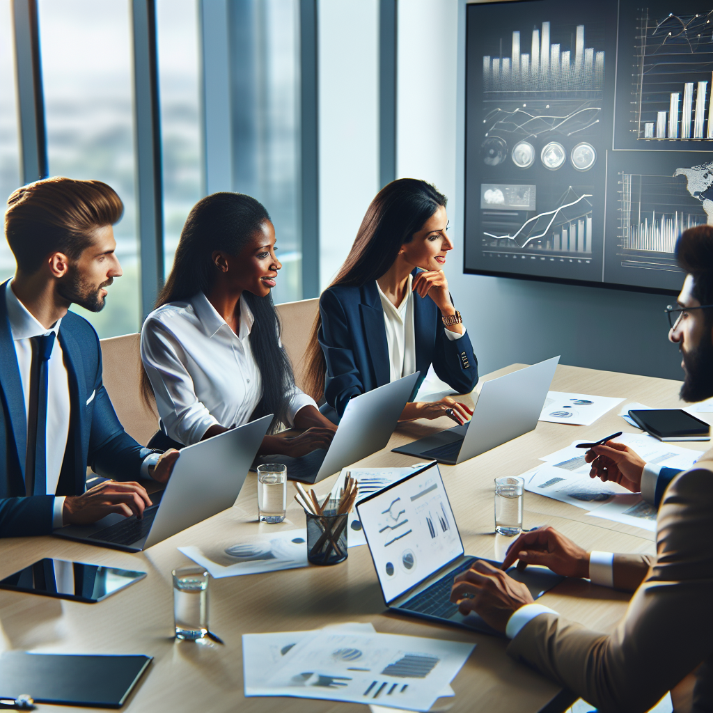 Generate an image of a professional business meeting setting where diverse team members are collaborating around a table, sharing information on laptops and documents, emphasizing teamwork in a modern office environment. Include visual elements representing communication and goal-setting, such as charts and diagrams displayed on large screens.
