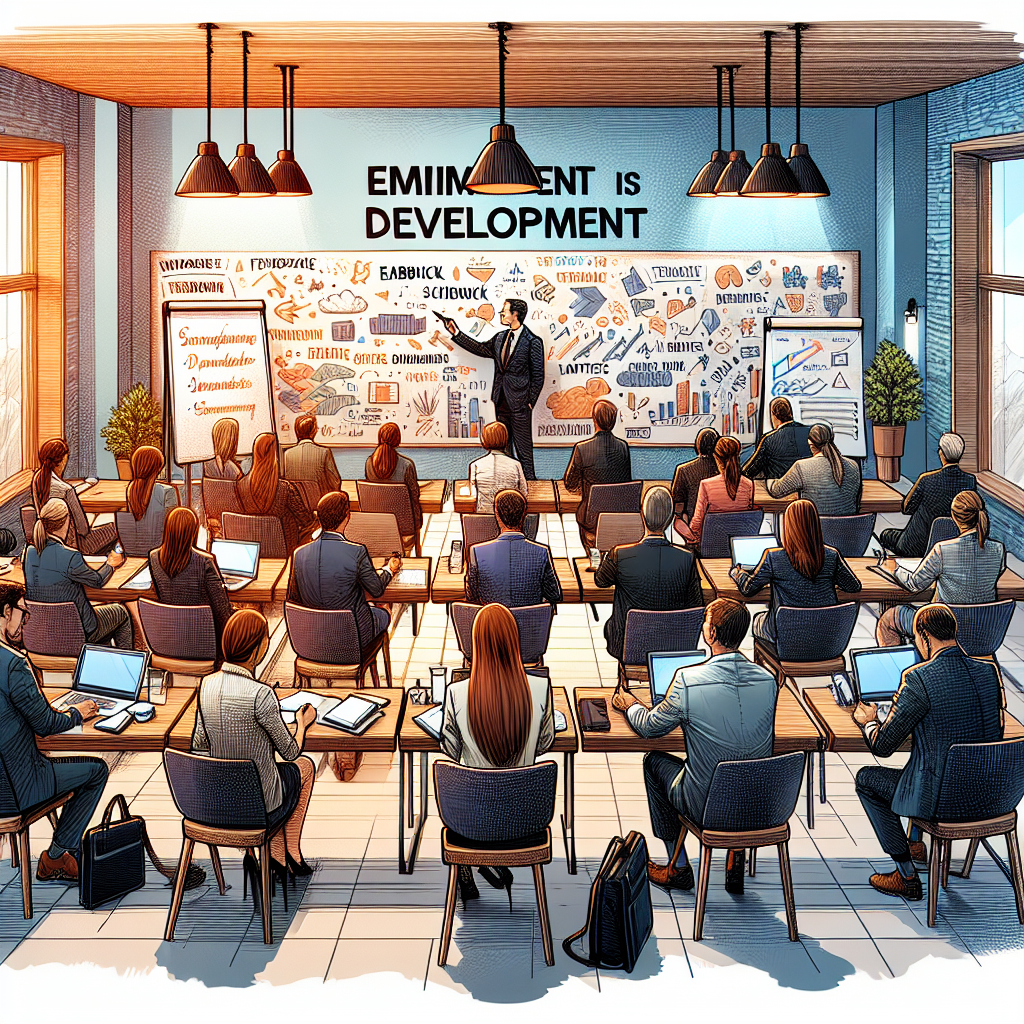 Generate an image illustrating a training session conducted by a senior business leader, capturing the atmosphere of learning and development. Show participants actively engaged, with notebooks, pens, and laptops, and a whiteboard with feedback notes and strategies for cold acquisition. The setting should be in a bright, engaging seminar room.