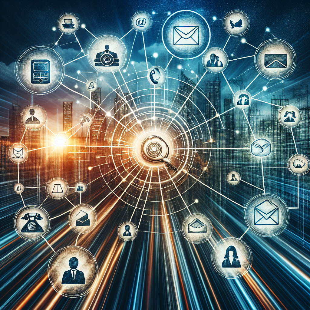 Generate an image depicting a creative visualization of a network of business appointments, with interconnected lines symbolizing communication and relationship-building. Include icons representing cold calls, emails, and meetings, with a backdrop of a bustling city skyline to underscore the fast-paced business environment.