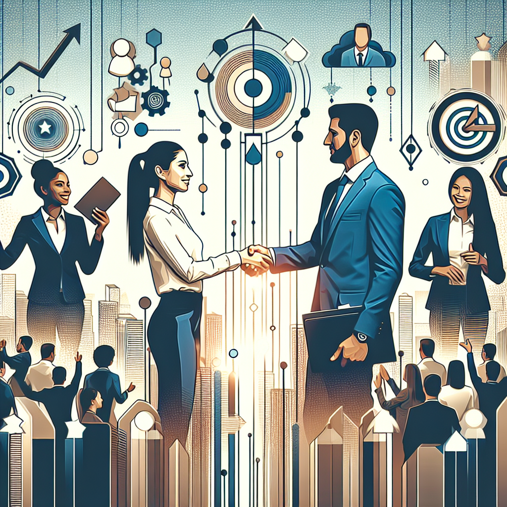 Generate an image of a diverse group of business professionals shaking hands, symbolizing successful collaboration and partnership. The background should represent a positive and dynamic workplace, with motivational posters and symbols highlighting the spirit of positive cooperation and shared goals.