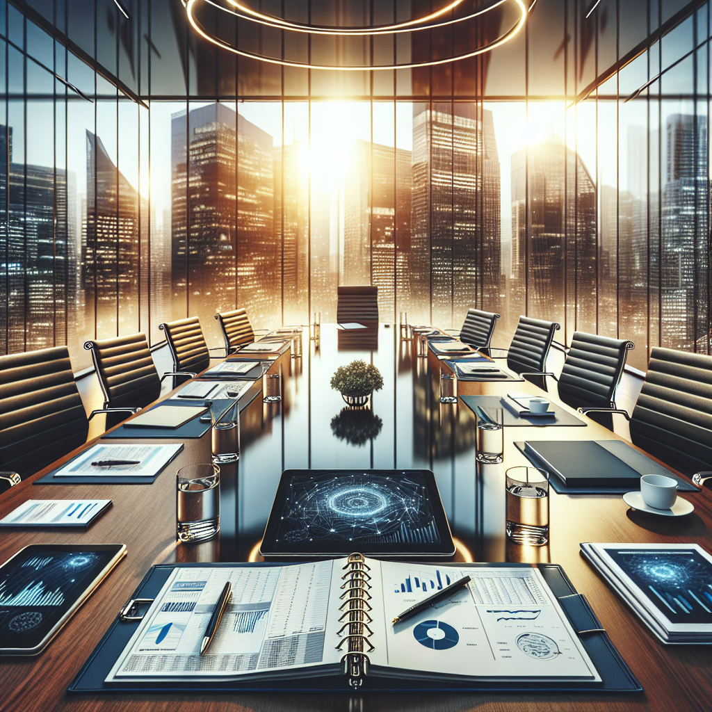Generate an image of a professional business meeting setup, showcasing planners and digital devices on a conference table with a city skyline visible through the office window. The atmosphere should convey efficiency and focus, symbolizing risk-free lead generation services.