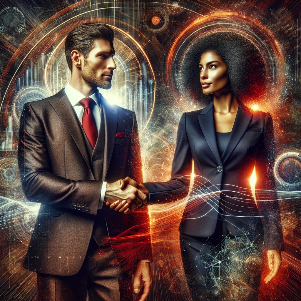Generate an image of a handshake between two business professionals, standing in front of a background of abstract graphs and charts. This image should represent transparency and trust in B2B sales strategies, using vibrant colors to highlight these themes.