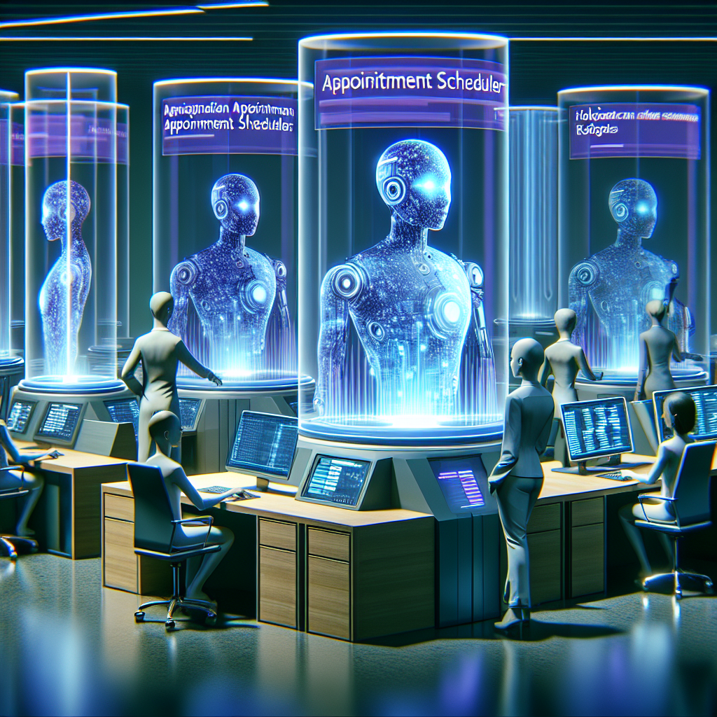 Generate an image of a futuristic office space where AI-generated holographic appointment planners are seamlessly interacting with human operators. The scene should illustrate innovation and precision in scheduling services, using a cool color palette for a modern look.