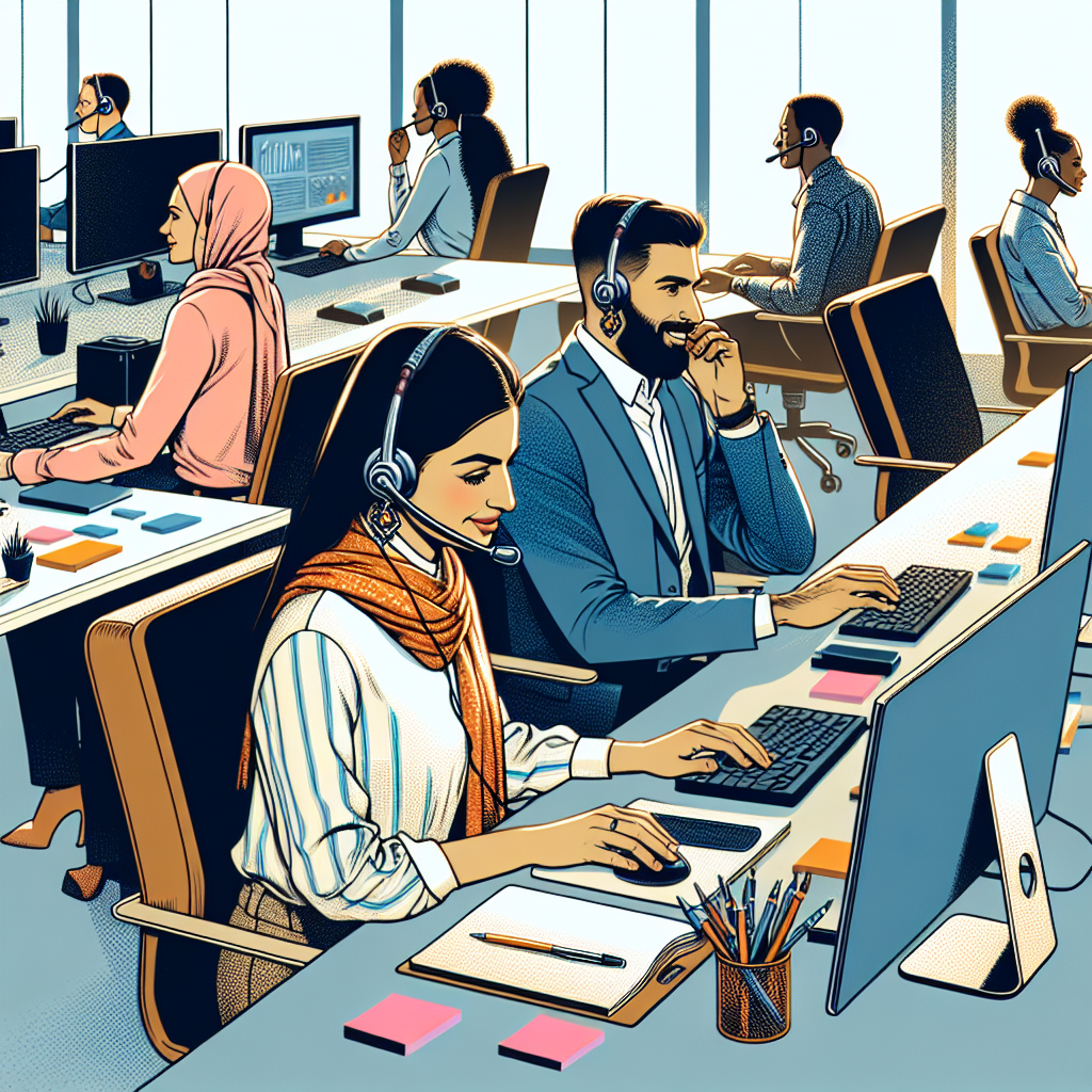 Generate an image of a busy and modern office environment with a team of professionals working at their desks, energetically engaging in cold calling. The team should be diverse and focused, with visuals showing computer screens, headsets, and notes around them. Emphasize a vibrant atmosphere of productivity and teamwork, reflecting a high-energy sales environment.