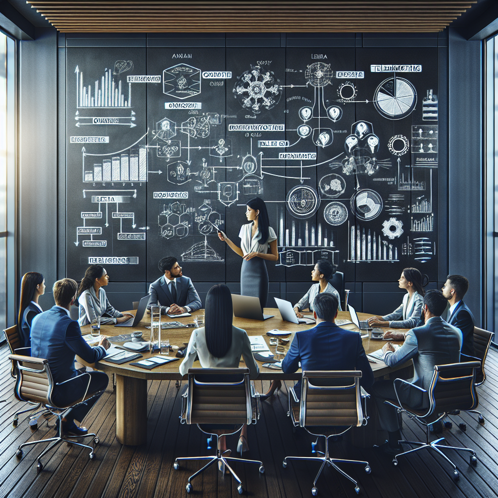 Generate an image of a sophisticated strategy boardroom. The boardroom should feature a large whiteboard with diagrams and flowcharts illustrating tailored telemarketing strategies. In the room, a team lead is presenting to diverse team members, showcasing collaboration and innovation in planning client acquisition strategies.