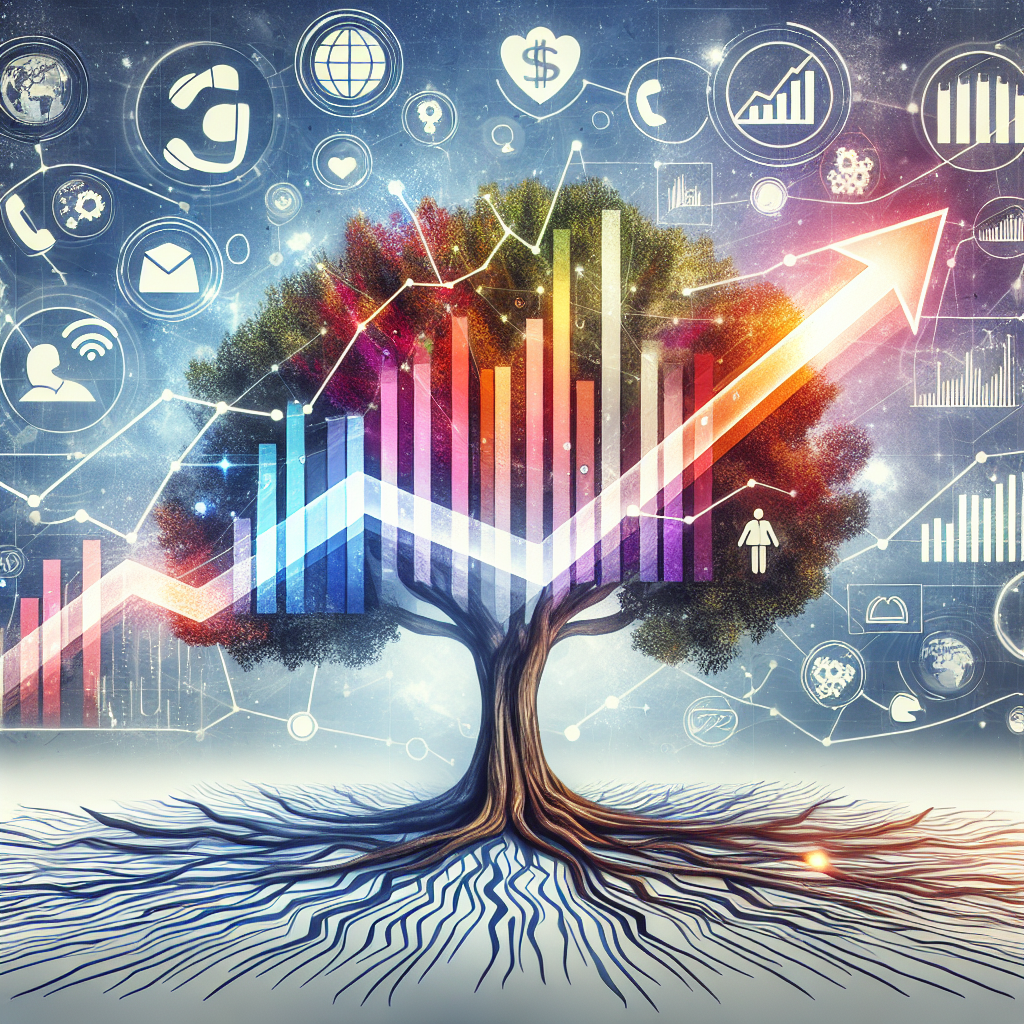 Generate an image of a metaphorical growth chart coming to life. Visualize a graph with upward-trending lines transforming into branches of a tree, symbolizing business growth and expansion. Surround the tree with symbols of communication and connection, like speech bubbles and network lines, to represent the impact of strategic cold calling.
