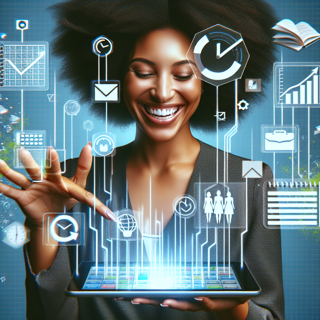 Generate an image of a business professional happily scheduling appointments on a futuristic digital planner. They are surrounded by floating digital elements that symbolize efficiency and flexibility, with their expressions showing satisfaction in cold acquisition. Use a vibrant color palette to convey positive energy.