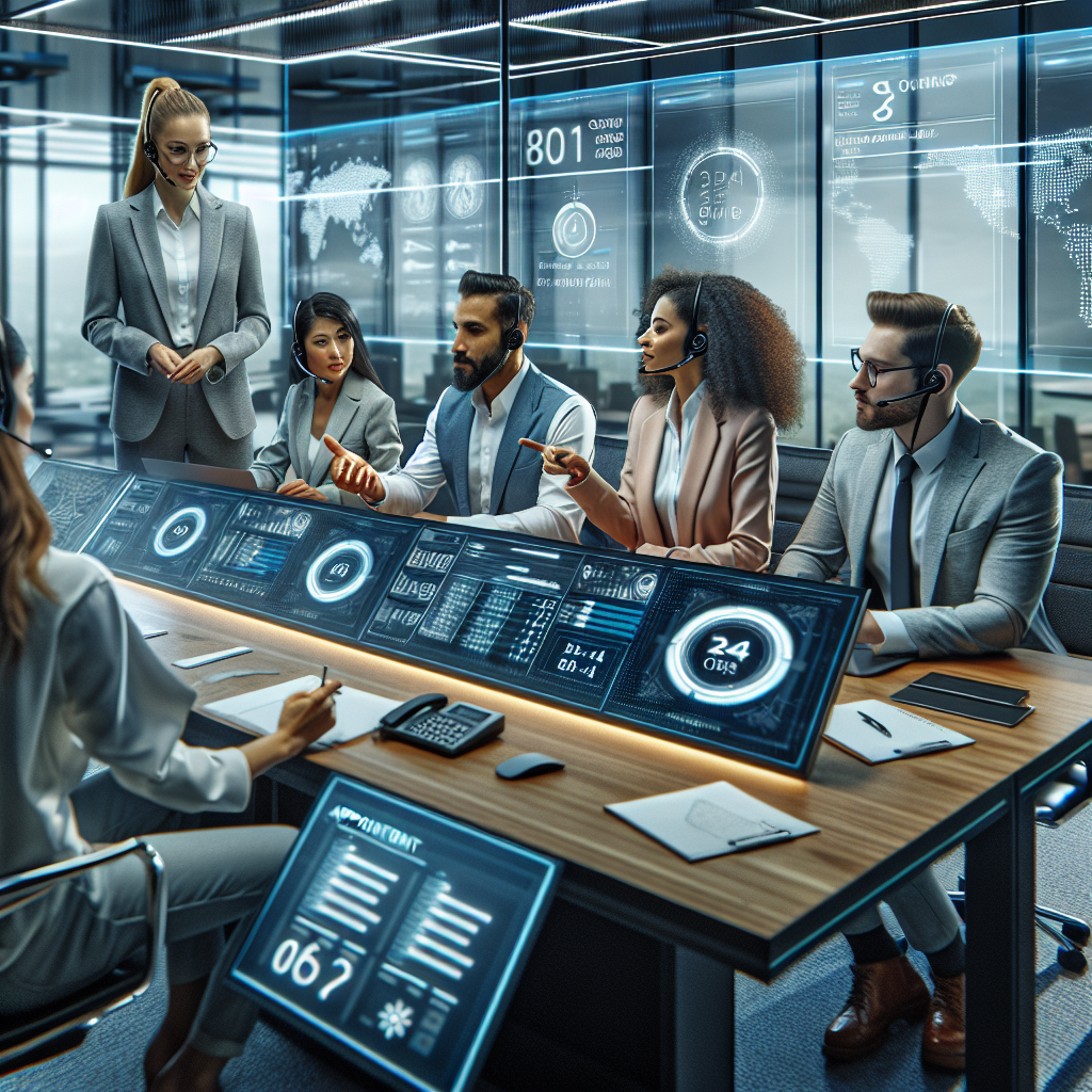 Generate an image of a diverse team of customer service professionals collaborating in an ultra-modern office space. They are engaged in a meeting with digital screens displaying appointment stats and targets. The setting should reflect innovation and adaptability, with sleek designs and a professional atmosphere.