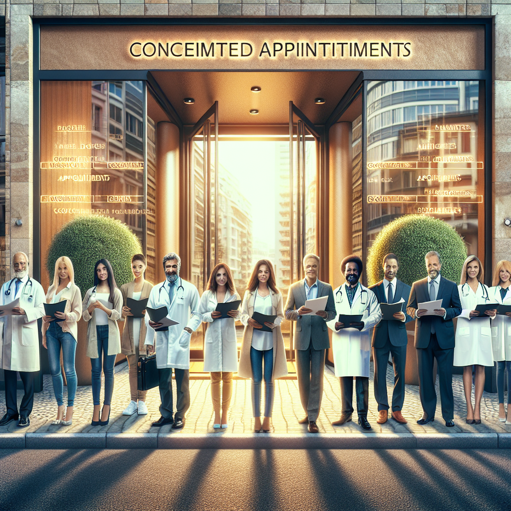 Generate an image of a queue of satisfied clients outside a stylish modern office building symbolizing 'De Afspraakplanners'. The people are of different professions, signifying broad industry reach. They hold papers or devices showing successful appointment schedules, showcasing the quality of follow-up care. Use warm lighting to create a welcoming ambiance.