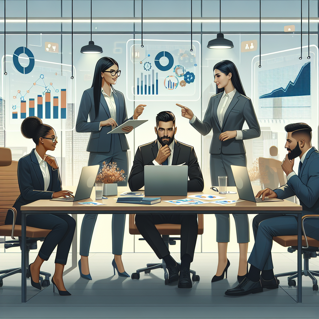 Generate an image of a professional sales team in a modern office setting, actively engaging in discussions and planning, surrounded by digital tools and graphs showcasing sales targets and goals.