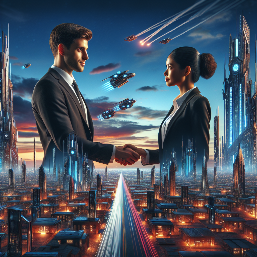 Generate an image of a handshake between two business professionals, symbolizing a successful cold acquisition deal, set against the backdrop of a futuristic cityscape.