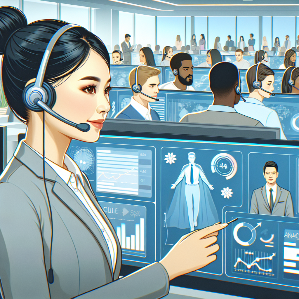 Generate an image depicting a customer service representative in a call center, with headsets, multiple screens, and analytic charts, demonstrating the process-oriented approach of handling cold acquisitions effectively.