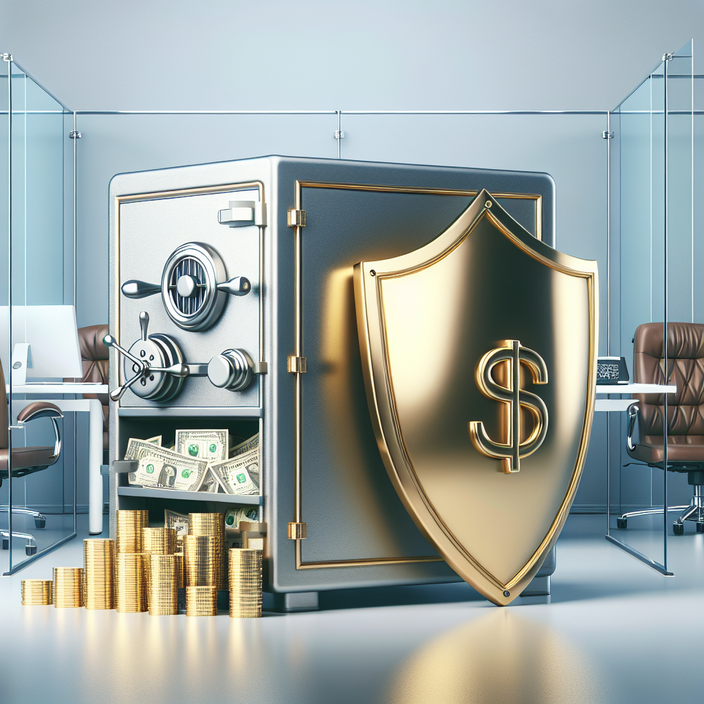 Generate an image illustrating a concept of reliability and security, with symbols of refunds and guarantees, such as an open safe with money, and a shield representing assurance, set in a corporate environment.
