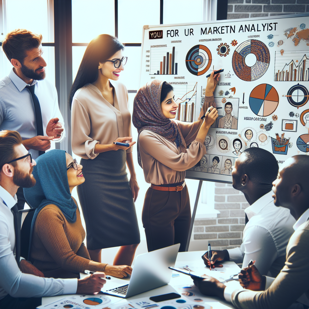 Generate an image of a diverse team of marketing analysts in an office environment, deeply engaged in target audience analysis for cold acquisition. The scene should depict a whiteboard filled with graphs, personas, and market data. Capture the diversity and collaboration among team members, using a bright and focused color palette.