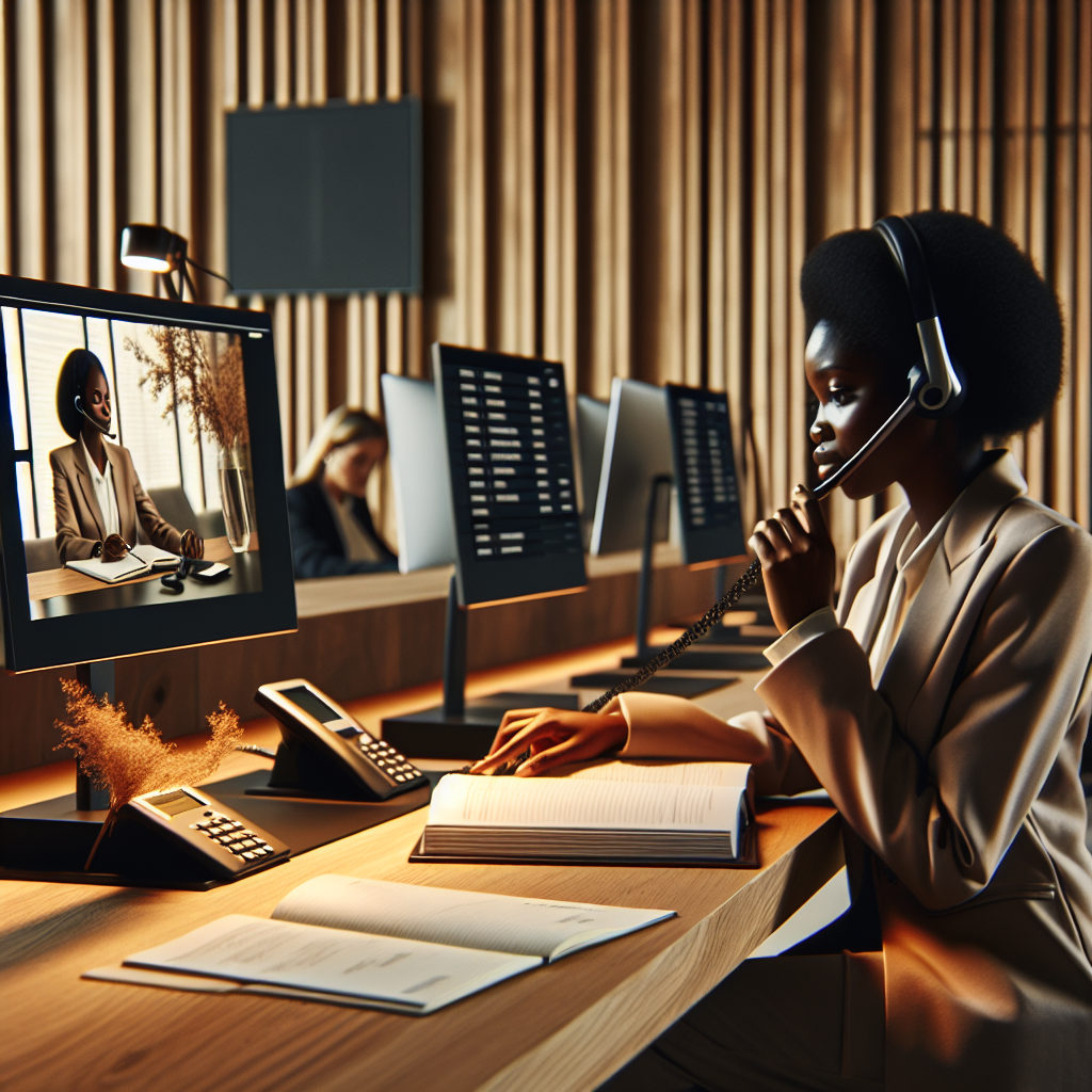Generate an image of a salesperson in a modern workspace, conducting a personalized phone conversation with a prospective client. The setting should include a desk with dual monitors, a headset, and notes with personalized information about the client. Showcase a sense of connection and professionalism, with warm and inviting tones.