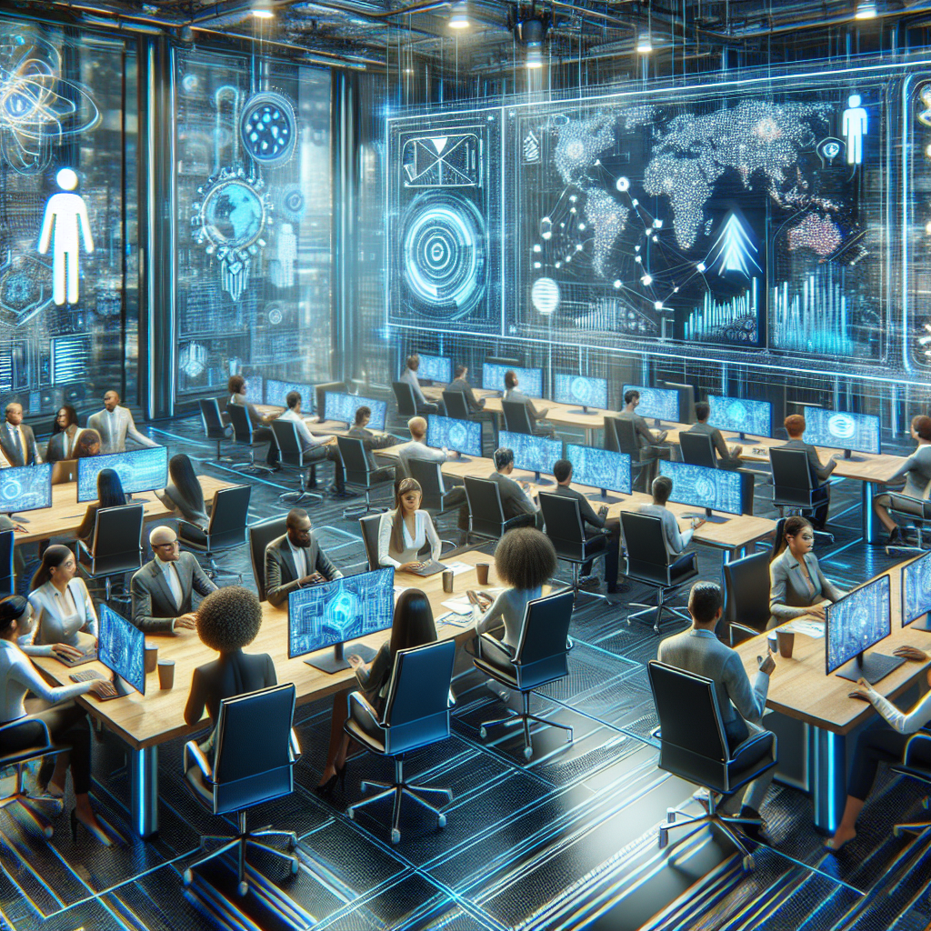 Generate an image of a futuristic tech-supported follow-up system in an office setting. This scene should include holographic displays and AI-driven tools assisting a sales team in managing their follow-up strategies with precision. The mood should be innovative and dynamic, using cool blues and metallic shades.