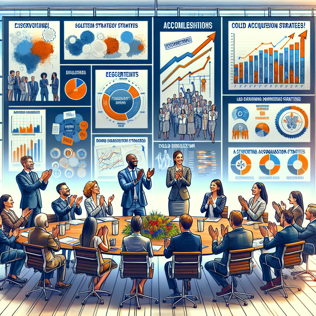 Generate an image of a successful sales strategy meeting, with a group of diverse professionals discussing and celebrating measurable results from cold acquisition efforts. The room is filled with inspirational posters, charts showing growth, and a digital board highlighting achievements. Convey a sense of achievement and synergy, using bold and uplifting colors.