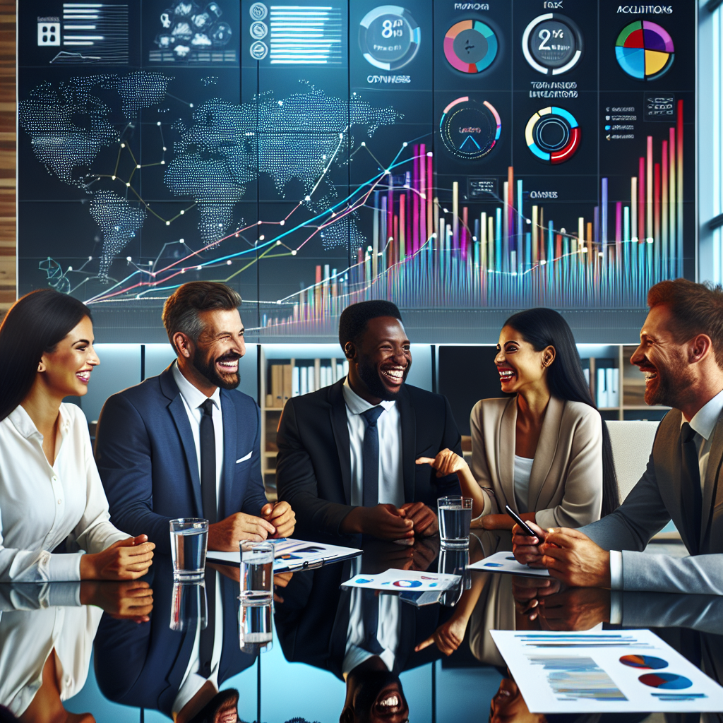 Generate an image of a group of diverse business professionals in a modern office setting, actively engaging in a phone acquisition meeting. The image should depict a dynamic environment with charts and graphs showcasing growth in the background, representing the success and strategic planning in phone acquisitions.