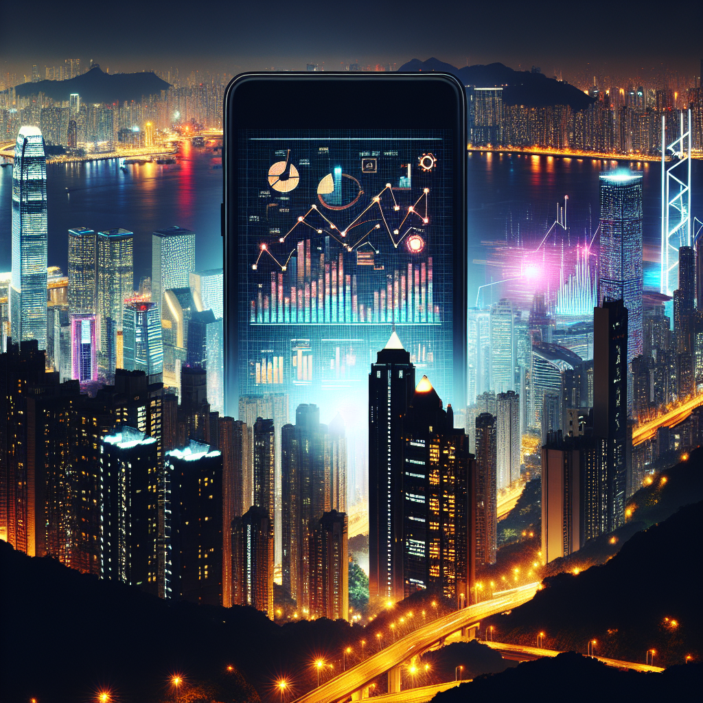 Generate an image of a vibrant cityscape at night with skyscrapers illuminated by the glow of business activity. In the foreground, a giant smartphone screen shows statistics and graphs demonstrating revenue growth, symbolizing the impactful results of phone acquisition solutions by De Afspraakplanners.