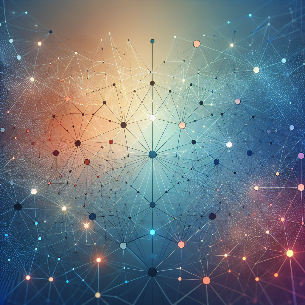 Generate an image of an abstract representation of interconnected phone lines forming a network, with small, glowing nodes symbolizing successful customer relationships. The background should be a gradient with soothing colors reflecting trust and communication, capturing the essence of extended client connections.