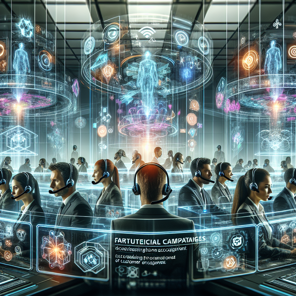 Generate an image of a futuristic control center with operators wearing headsets. The room is filled with holographic displays depicting strategic call campaigns, with visuals of increasing client interaction and success stories, emphasizing the innovative aspect of De Afspraakplanners' phone acquisition strategies.