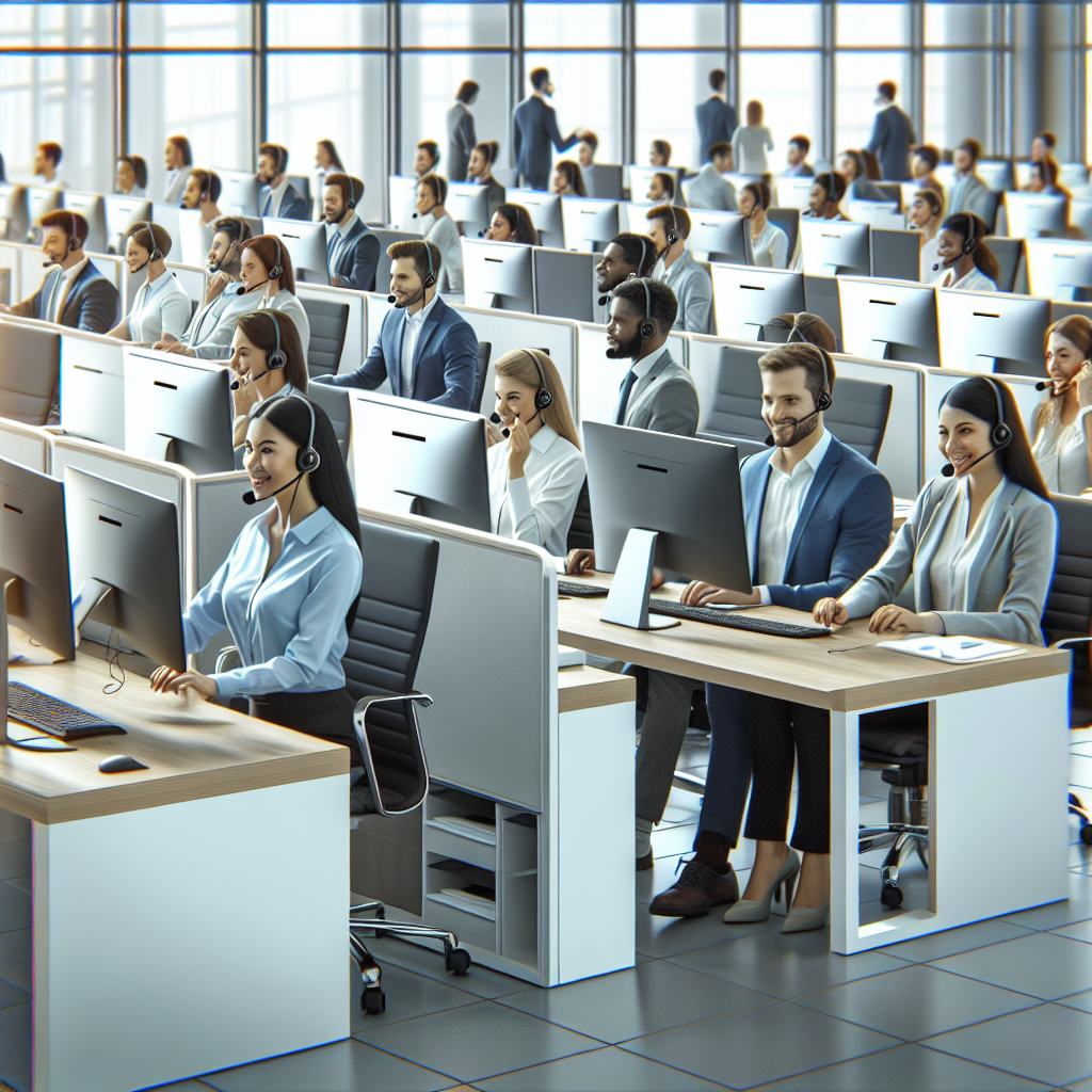 Generate an image of a professional call center environment where skilled agents are making cold calls with enthusiasm and confidence. The center should be bright and modern, filled with state-of-the-art technology, and demonstrate a vibrant atmosphere with agents engaging in successful client conversations.