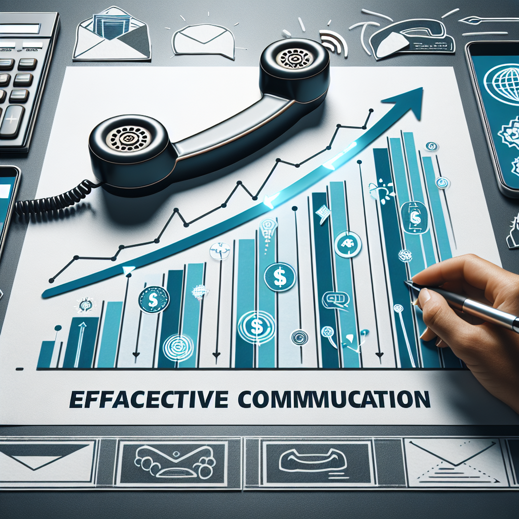 Generate an image depicting a concept of a sales growth chart. The chart should display a noticeable upward trend, symbolizing increased sales figures. Surround the chart with elements representing effective communication, such as phones or messages, to signify the impact of targeted cold calling.