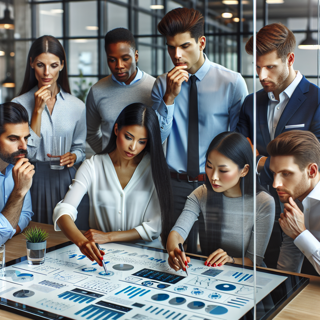 Generate an image showcasing a team of diverse professionals in a modern office setting conducting strategy meetings. They should be analyzing data and planning outreach campaigns, illustrating the teamwork and customer-centric approach in achieving long-term success.