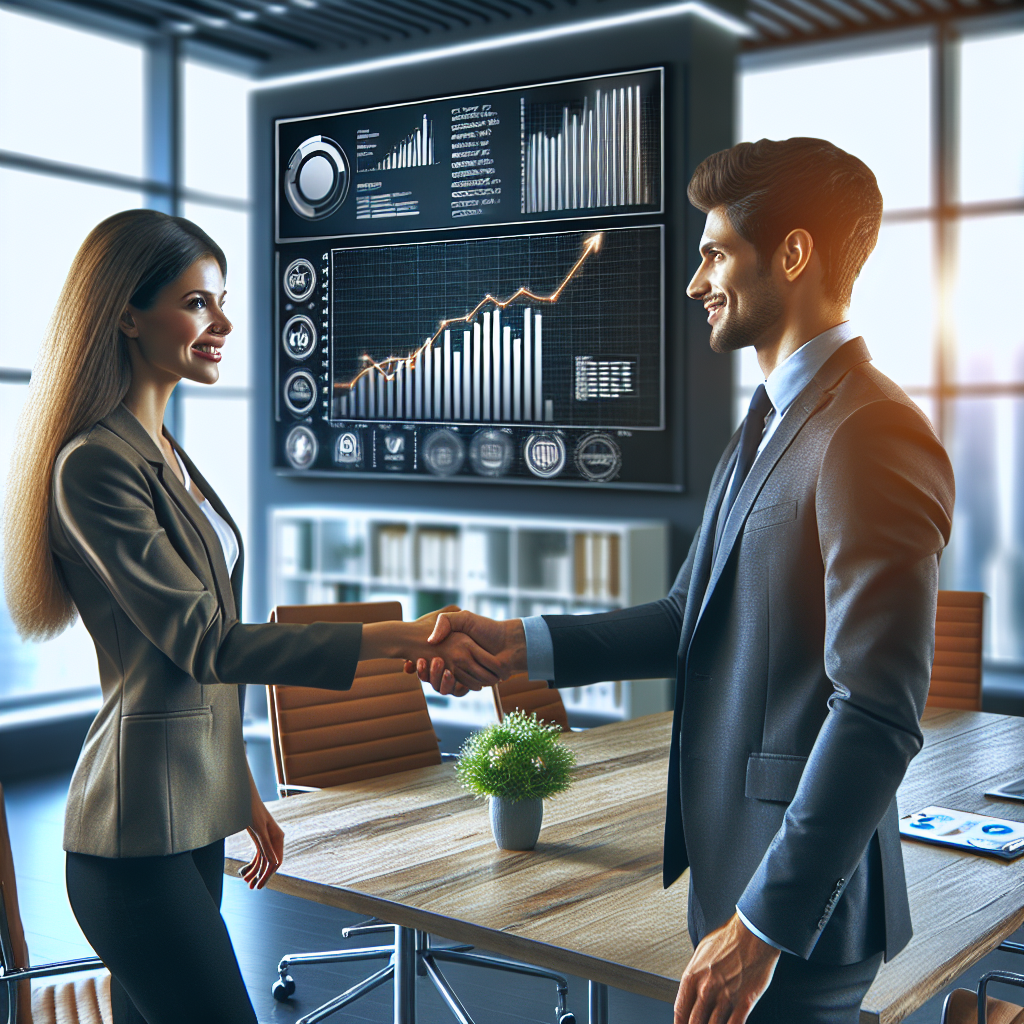 Generate an image of a satisfied client shaking hands with a business representative in a sleek, contemporary office. The setting should emphasize trust and successful partnership, with elements like charts on the wall or digital screens showing rising sales figures in the background.