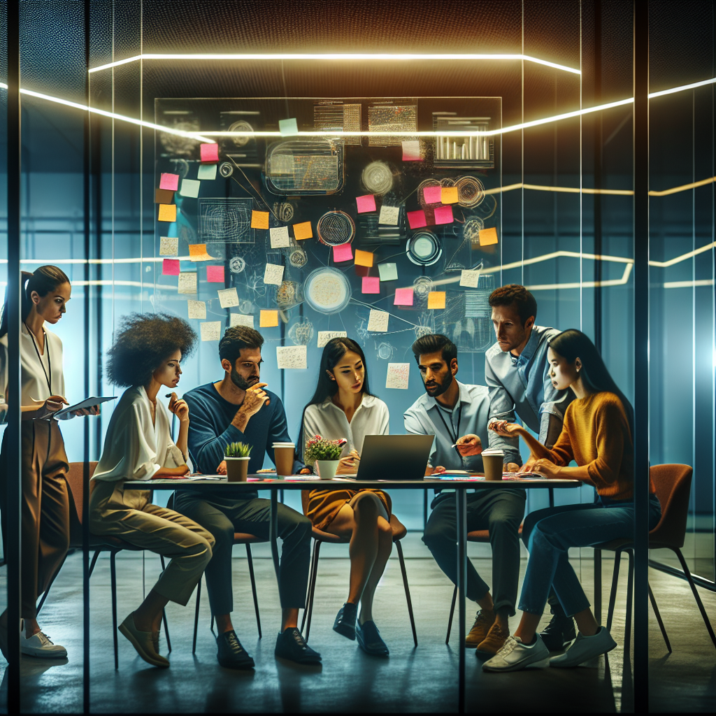 Generate an image of a diverse team of software developers in a modern office, brainstorming ideas and mapping strategies on a glass board filled with colorful post-it notes and diagrams. The focus should be on the energy of collaboration and innovation, highlighting the essence of creating a unique niche software product.