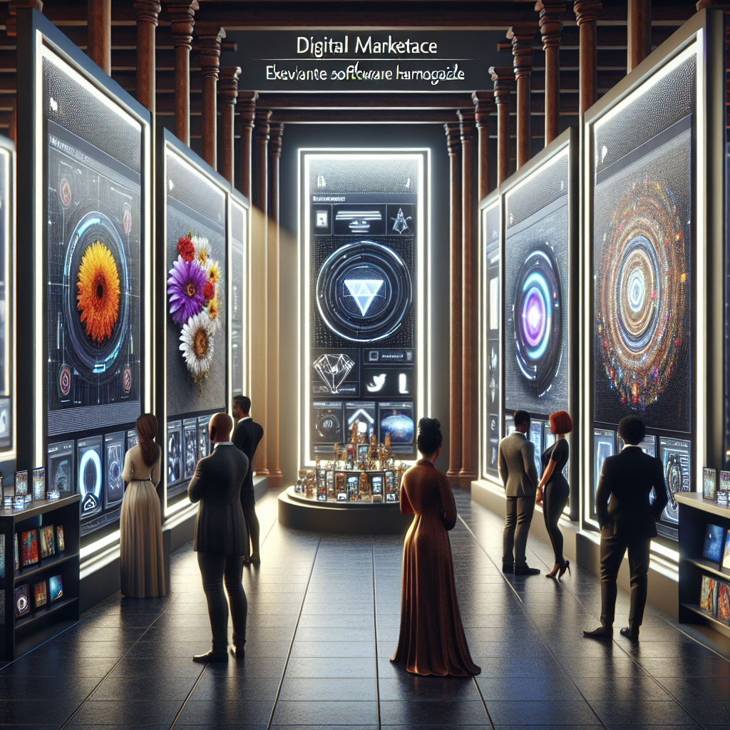 Generate an image of a futuristic digital marketplace, where niche software products are displayed like exclusive artworks in a gallery. The scene should capture the elegance and distinction of each software, with a diverse group of clients exploring the offerings, signifying targeted marketing and audience engagement.