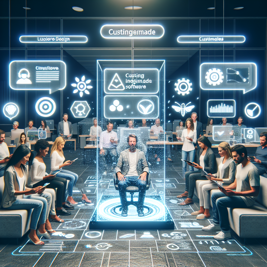 Generate an image depicting a serene user interface testing environment, where clients interact with a personalized software product on various devices. The focus should be on the sleek design and user-centered approach, with clients providing feedback on their experience through emotive holographic interfaces.