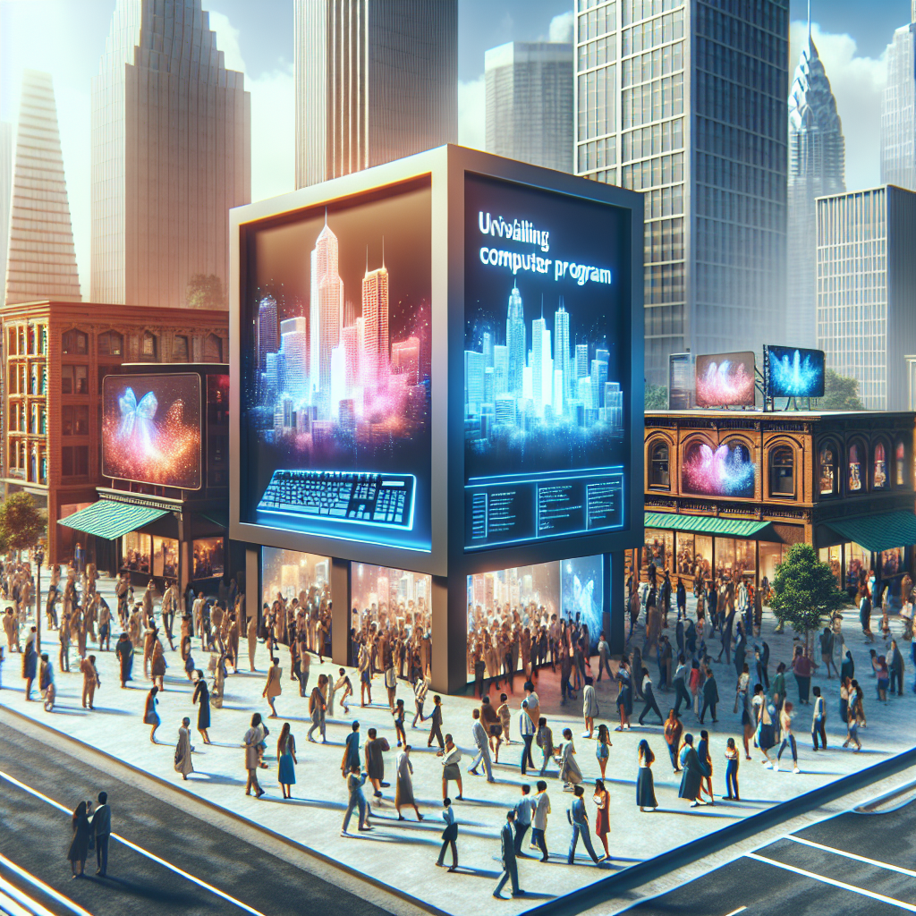 Generate an image of a creative marketing campaign launch for a niche software product, set in an urban outdoor space. Capture the dynamic visuals of digital billboards and interactive kiosks displaying the software's unique selling points, surrounded by a bustling city crowd engaging with the technology in real-time.