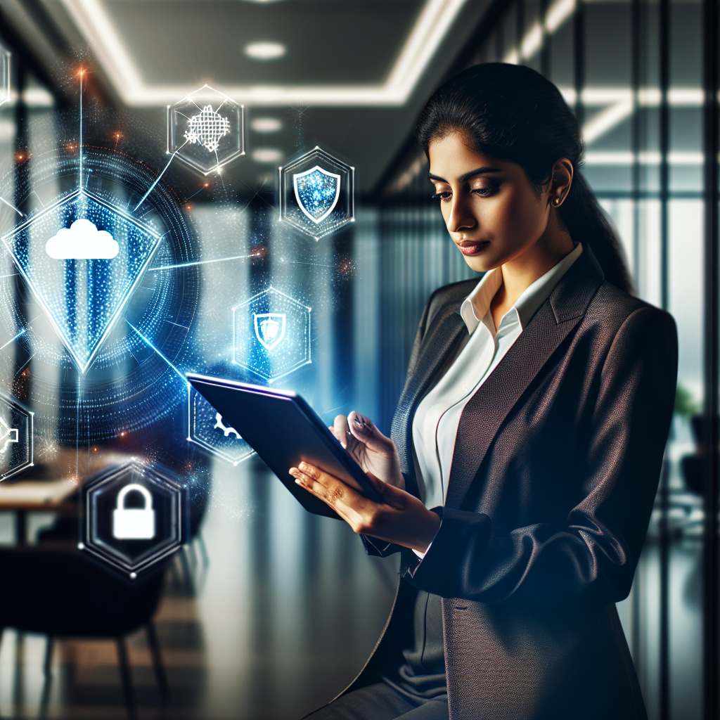 Generate an image of a business professional reading a detailed whitepaper on a tablet, surrounded by digital symbols representing IT industry concepts such as cloud computing, cybersecurity, and data analysis. The image should be set in a modern office environment to reflect professionalism and innovation.