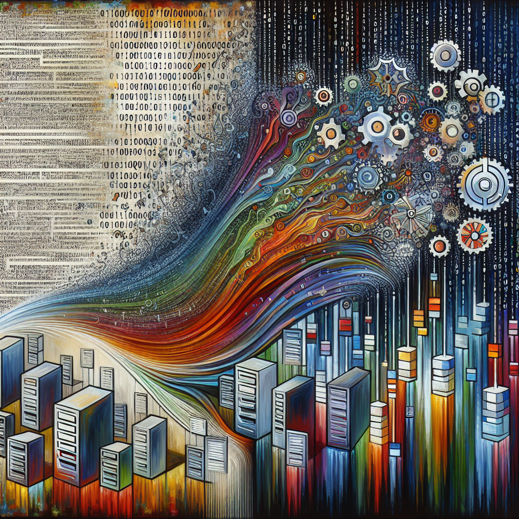Generate an image of a creative, abstract representation of a whitepaper turning into a stream of digital data flows, converging to form connections with various IT-related symbols like servers, gear cogs, and coding icons, symbolizing the spread of knowledge and expertise in the IT sector.