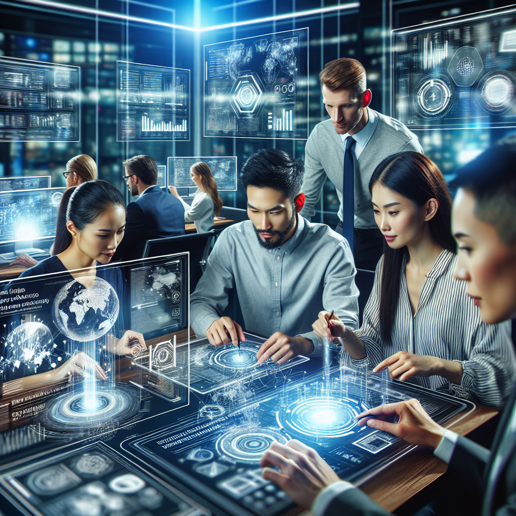 Generate an image of a group of tech-savvy individuals collaborating in a sleek, high-tech workspace filled with screens and holograms. They are engaged in creating a comprehensive whitepaper, showing charts and graphs, to attract IT leads, embodying teamwork and expertise in content creation.