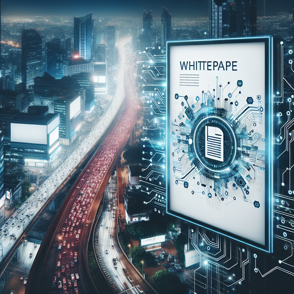 Generate an image of a conceptual marketing scene where a whitepaper is displayed on a futuristic digital billboard in a bustling cityscape. The billboard targets IT professionals, with visual elements like circuit boards and binary code to signify the integration of technology and marketing strategies.