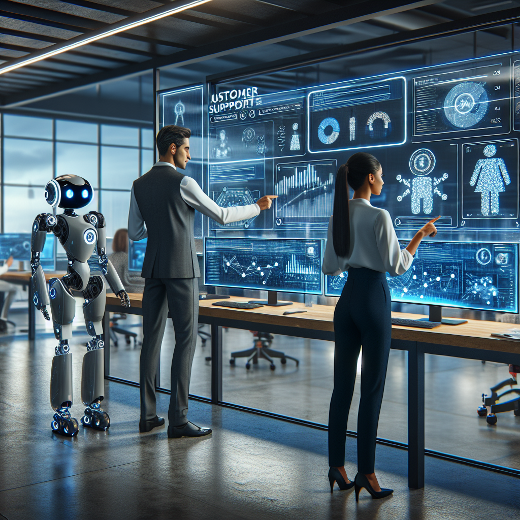 Generate an image of a futuristic customer support center bustling with activity, where diverse teams use advanced technology to enhance customer acquisition strategies. Show digital displays, robotic assistants, and team members collaborating, embodying efficiency and innovation in a harmonious modern office setting.