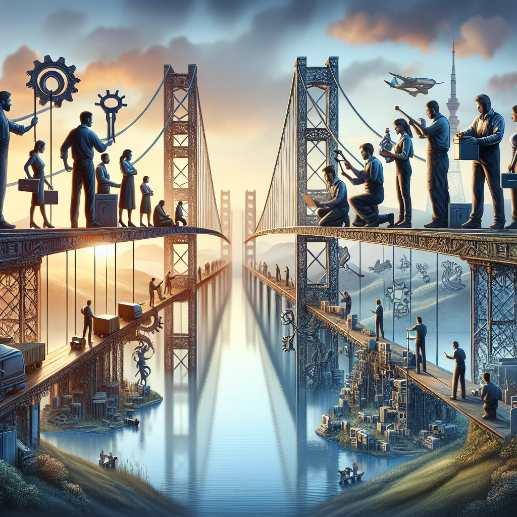 Generate an image depicting a metaphorical concept of 'bridges of trust' where technical support teams are visually represented as engineers constructing bridges. These bridges connect customers and the company, symbolizing the strengthening of the product image and customer satisfaction.