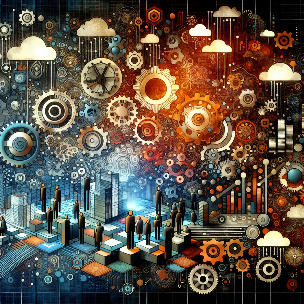 Generate an image of a thriving digital marketplace scene, with vibrant visuals representing sustainable growth. Include elements of technical teams working seamlessly with marketing, like digital gears and graphs, showcasing how technical support fuels competitive success.