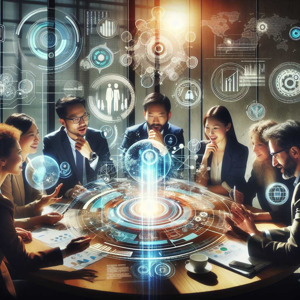 Generate an image of a dynamic marketing strategy meeting, where technical support insights are visualized in holograms and charts. Team members from different departments are engaged in animated discussion, presenting a blend of technology and creativity driving long-term growth.