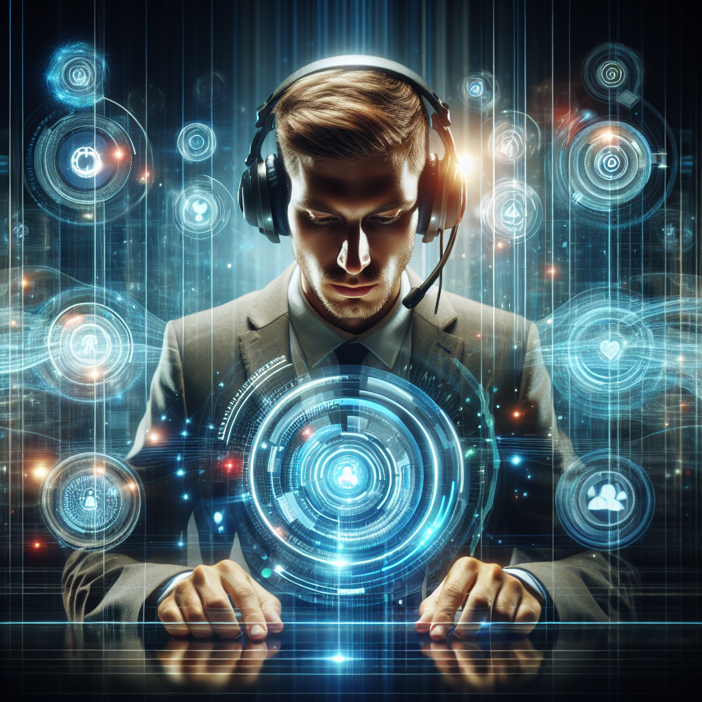 Generate an image of a modern IT consultant analyzing data on a digital dashboard, surrounded by abstract representations of digital leads flowing towards him, symbolizing understanding the target audience.