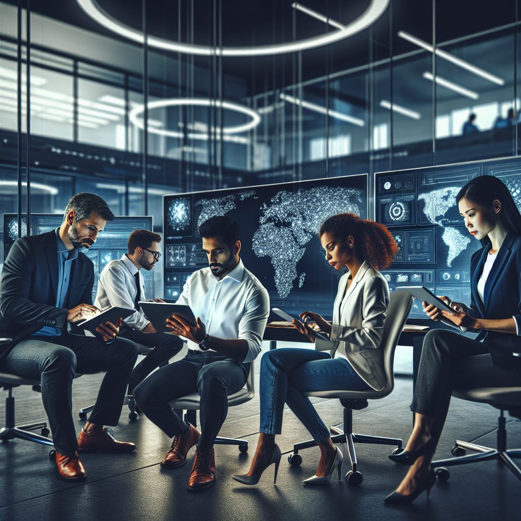 Generate an image of a group of IT consultants collaborating in a high-tech office space, brainstorming and creating educational content on tablets and large screens, highlighting innovation and teamwork.