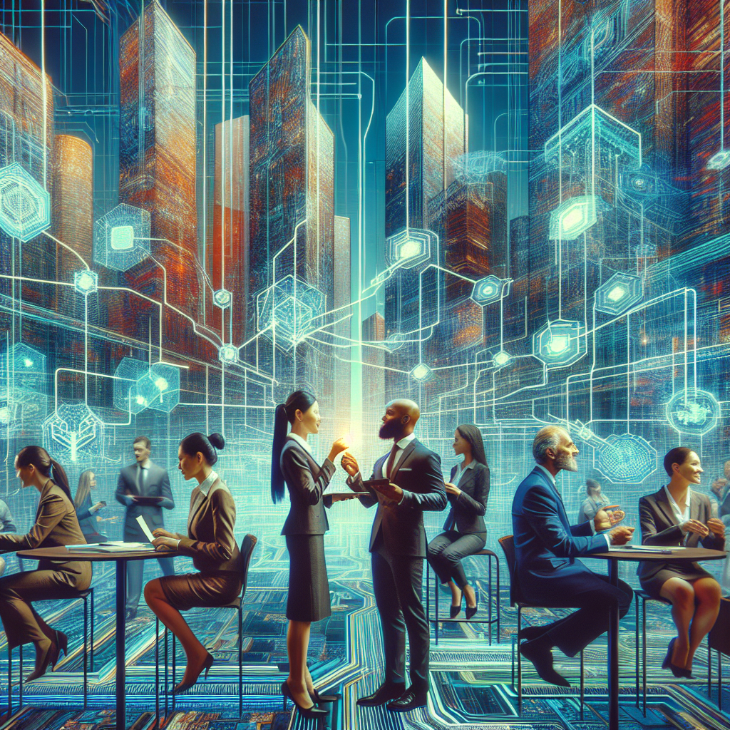 Generate an image showing a dynamic networking event with IT professionals exchanging business cards and ideas, set against a backdrop of futuristic cityscapes with holographic connections representing building partnerships.