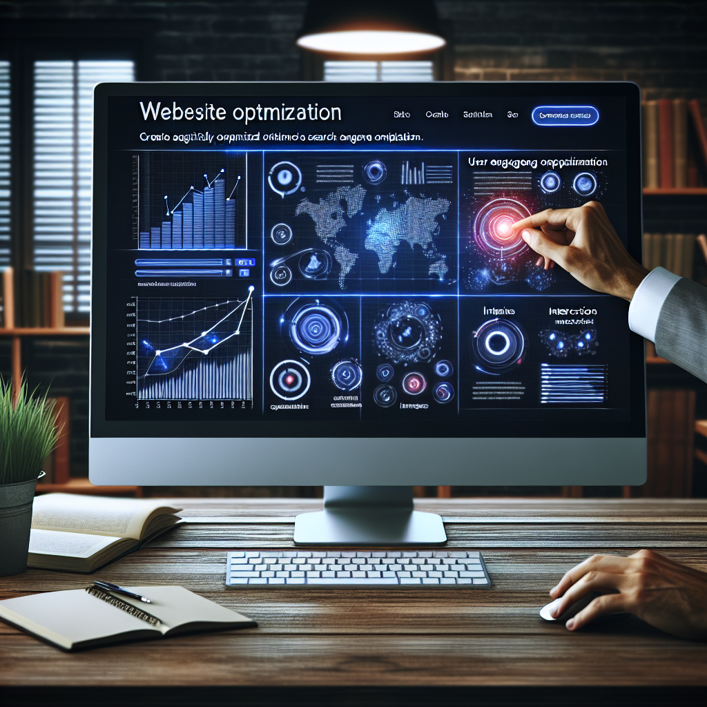 Generate an image of a sleek, optimized IT consultancy website on a large computer monitor, with visual elements like SEO graphs, user engagement metrics, and interactive content glows, symbolizing website optimization.