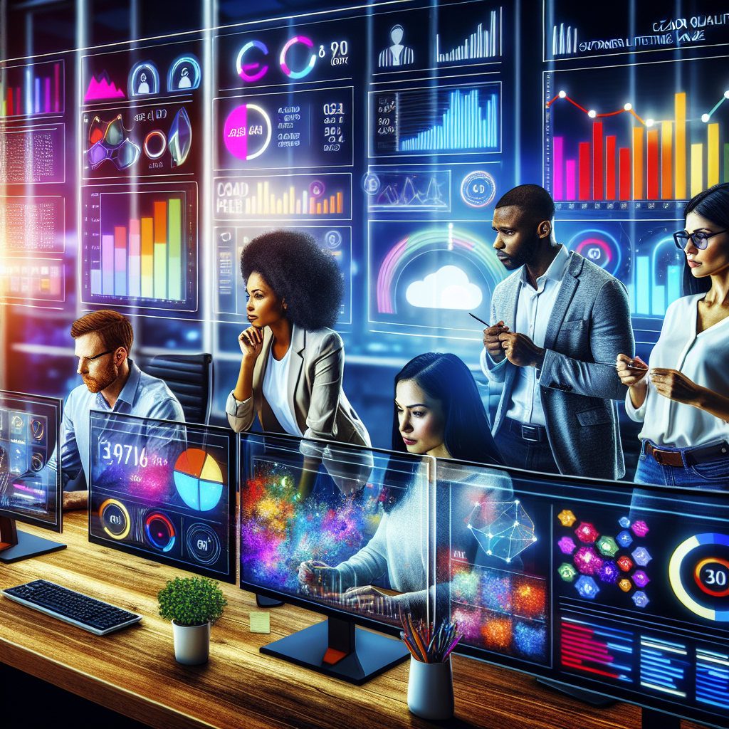 Generate an image of a modern office setting with a team of IT professionals analyzing lead quality metrics on multiple screens. Include elements like graphs, charts, and KPI dashboards reflecting metrics such as conversion rate, cost per lead, and customer lifetime value (CLV). The atmosphere should be dynamic and data-driven, capturing the essence of strategic business decision-making.