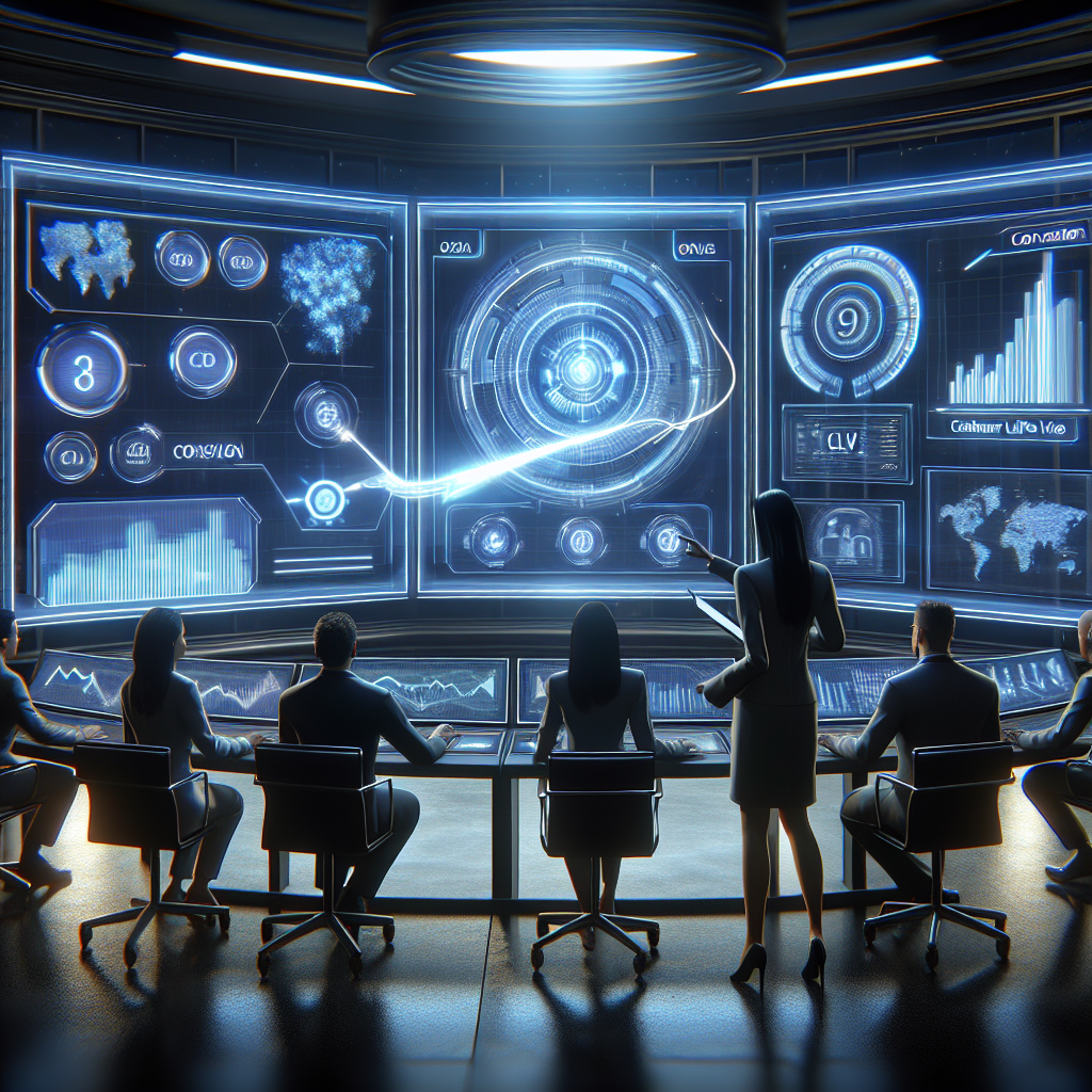 Generate an image of a futuristic digital interface displaying lead quality metrics. The interface should be holographic, with 3D graphs and interactive elements that show conversion rates, costs per lead, and CLV metrics. The setting is a high-tech control room with IT experts interacting with the displays.