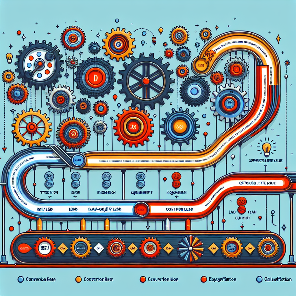 Generate an image of a conceptual infographic that illustrates the process of transforming raw leads into high-quality ones. Use symbolic visuals such as conveyor belts, gears, and data streams to represent the metrics: conversion rate, cost per lead, and CLV. The style should be abstract yet informative, combining art and analytics.